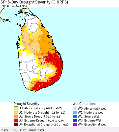 Sri Lanka SPI 5-Day Drought Severity (CHIRPS) Thematic Map For 4/16/2024 - 4/20/2024