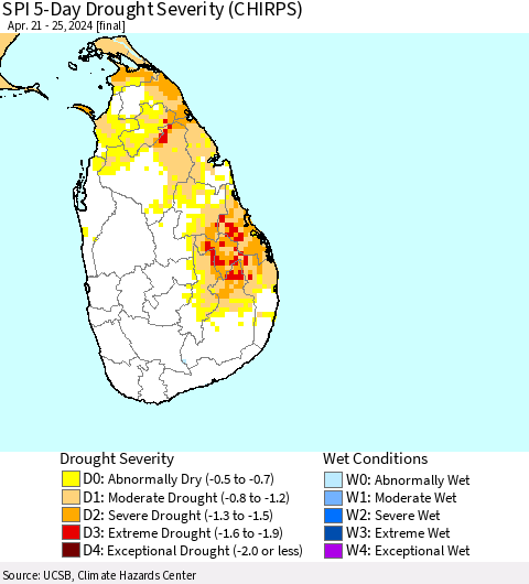 Sri Lanka SPI 5-Day Drought Severity (CHIRPS) Thematic Map For 4/21/2024 - 4/25/2024