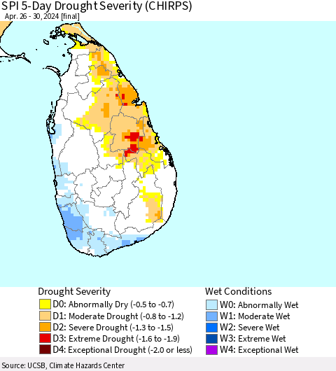 Sri Lanka SPI 5-Day Drought Severity (CHIRPS) Thematic Map For 4/26/2024 - 4/30/2024