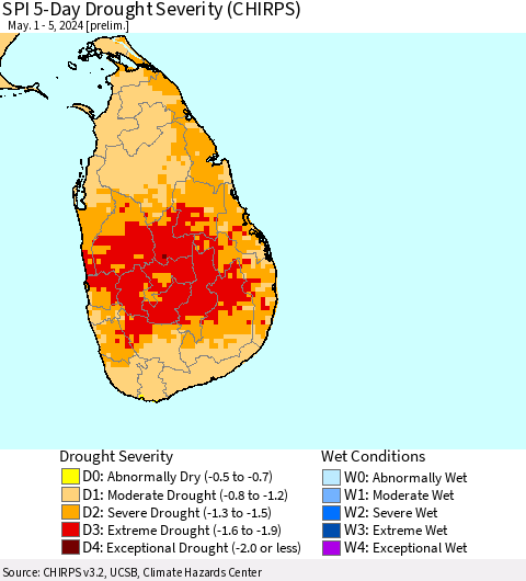 Sri Lanka SPI 5-Day Drought Severity (CHIRPS) Thematic Map For 5/1/2024 - 5/5/2024