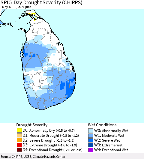 Sri Lanka SPI 5-Day Drought Severity (CHIRPS) Thematic Map For 5/6/2024 - 5/10/2024