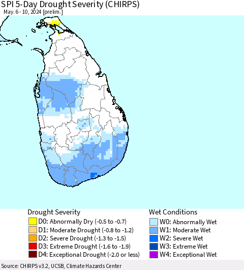 Sri Lanka SPI 5-Day Drought Severity (CHIRPS) Thematic Map For 5/6/2024 - 5/10/2024