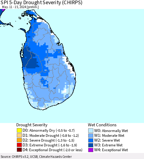 Sri Lanka SPI 5-Day Drought Severity (CHIRPS) Thematic Map For 5/11/2024 - 5/15/2024