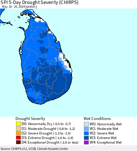 Sri Lanka SPI 5-Day Drought Severity (CHIRPS) Thematic Map For 5/16/2024 - 5/20/2024