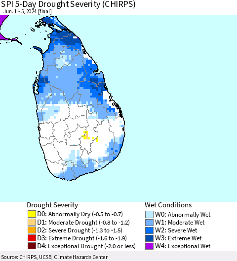 Sri Lanka SPI 5-Day Drought Severity (CHIRPS) Thematic Map For 6/1/2024 - 6/5/2024