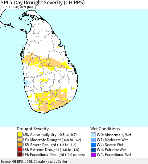 Sri Lanka SPI 5-Day Drought Severity (CHIRPS) Thematic Map For 6/16/2024 - 6/20/2024