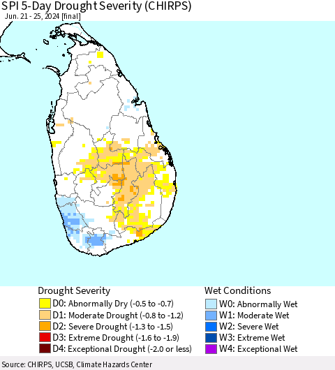 Sri Lanka SPI 5-Day Drought Severity (CHIRPS) Thematic Map For 6/21/2024 - 6/25/2024