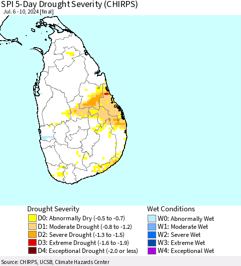 Sri Lanka SPI 5-Day Drought Severity (CHIRPS) Thematic Map For 7/6/2024 - 7/10/2024