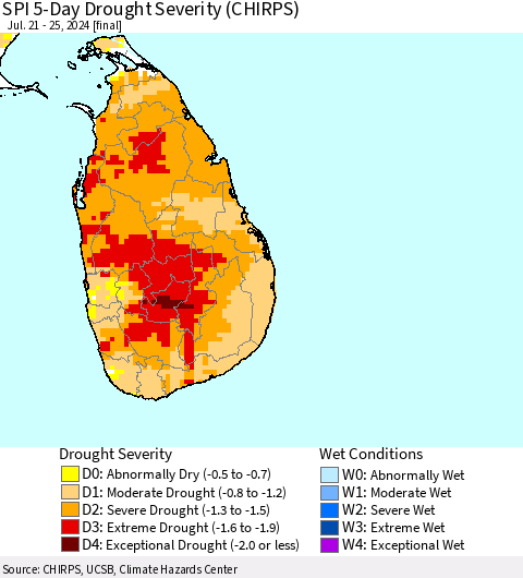 Sri Lanka SPI 5-Day Drought Severity (CHIRPS) Thematic Map For 7/21/2024 - 7/25/2024