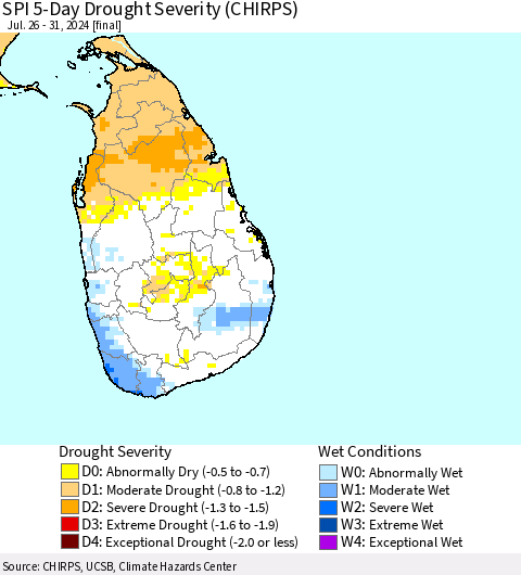 Sri Lanka SPI 5-Day Drought Severity (CHIRPS) Thematic Map For 7/26/2024 - 7/31/2024