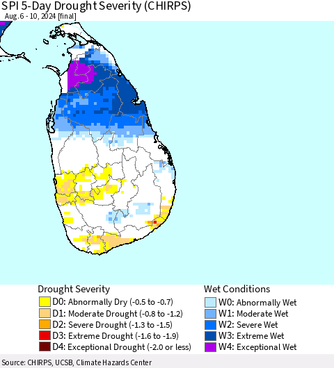 Sri Lanka SPI 5-Day Drought Severity (CHIRPS) Thematic Map For 8/6/2024 - 8/10/2024