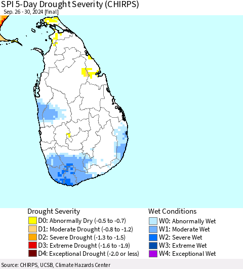 Sri Lanka SPI 5-Day Drought Severity (CHIRPS) Thematic Map For 9/26/2024 - 9/30/2024