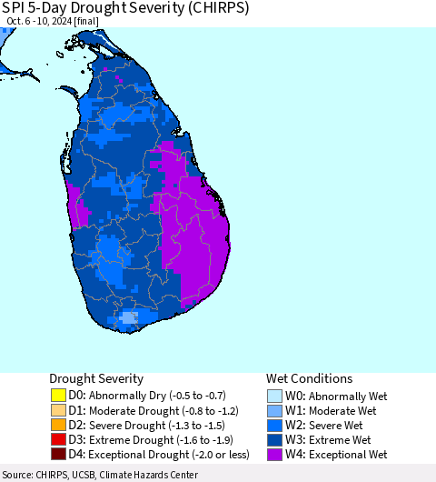 Sri Lanka SPI 5-Day Drought Severity (CHIRPS) Thematic Map For 10/6/2024 - 10/10/2024
