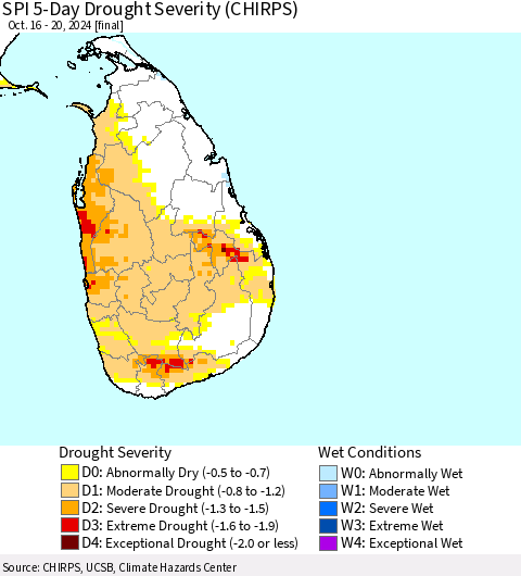 Sri Lanka SPI 5-Day Drought Severity (CHIRPS) Thematic Map For 10/16/2024 - 10/20/2024