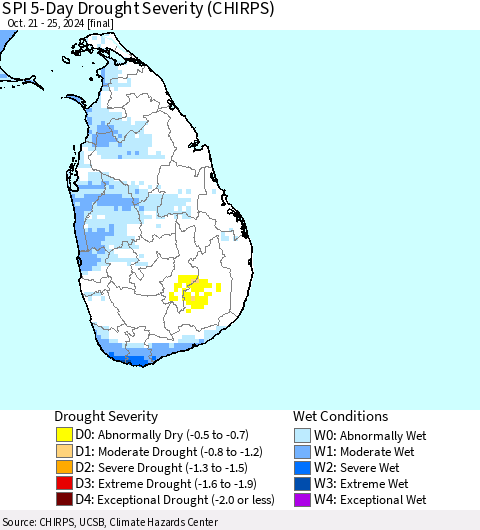 Sri Lanka SPI 5-Day Drought Severity (CHIRPS) Thematic Map For 10/21/2024 - 10/25/2024