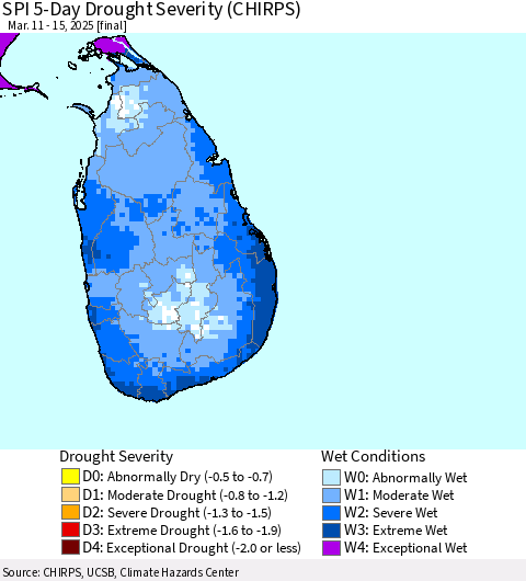 Sri Lanka SPI 5-Day Drought Severity (CHIRPS) Thematic Map For 3/11/2025 - 3/15/2025