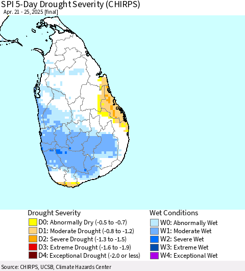 Sri Lanka SPI 5-Day Drought Severity (CHIRPS) Thematic Map For 4/21/2025 - 4/25/2025