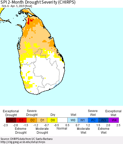 Sri Lanka SPI 2-Month Drought Severity (CHIRPS) Thematic Map For 2/6/2019 - 4/5/2019
