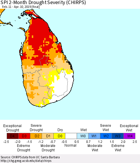 Sri Lanka SPI 2-Month Drought Severity (CHIRPS) Thematic Map For 2/11/2019 - 4/10/2019