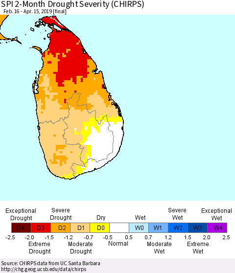Sri Lanka SPI 2-Month Drought Severity (CHIRPS) Thematic Map For 2/16/2019 - 4/15/2019