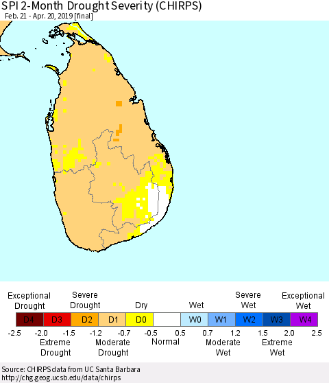 Sri Lanka SPI 2-Month Drought Severity (CHIRPS) Thematic Map For 2/21/2019 - 4/20/2019