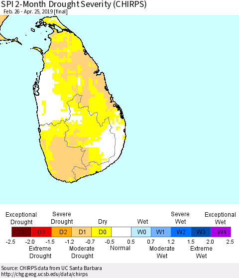Sri Lanka SPI 2-Month Drought Severity (CHIRPS) Thematic Map For 2/26/2019 - 4/25/2019