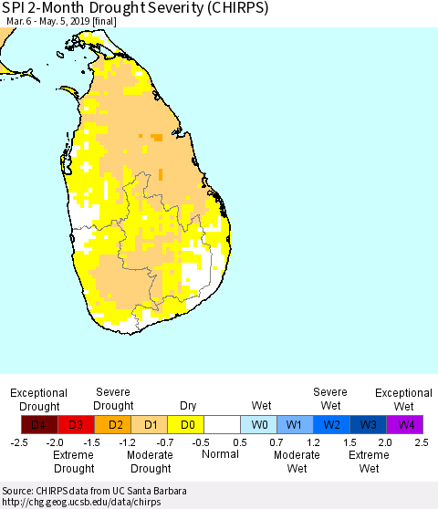 Sri Lanka SPI 2-Month Drought Severity (CHIRPS) Thematic Map For 3/6/2019 - 5/5/2019