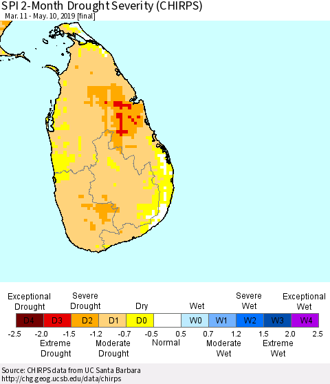 Sri Lanka SPI 2-Month Drought Severity (CHIRPS) Thematic Map For 3/11/2019 - 5/10/2019