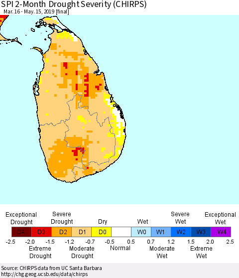 Sri Lanka SPI 2-Month Drought Severity (CHIRPS) Thematic Map For 3/16/2019 - 5/15/2019