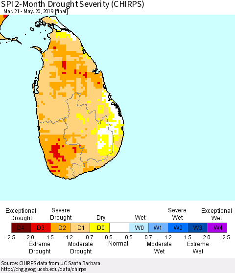 Sri Lanka SPI 2-Month Drought Severity (CHIRPS) Thematic Map For 3/21/2019 - 5/20/2019