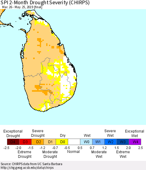 Sri Lanka SPI 2-Month Drought Severity (CHIRPS) Thematic Map For 3/26/2019 - 5/25/2019