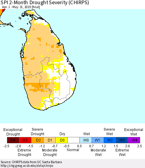 Sri Lanka SPI 2-Month Drought Severity (CHIRPS) Thematic Map For 4/1/2019 - 5/31/2019