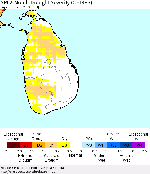 Sri Lanka SPI 2-Month Drought Severity (CHIRPS) Thematic Map For 4/6/2019 - 6/5/2019