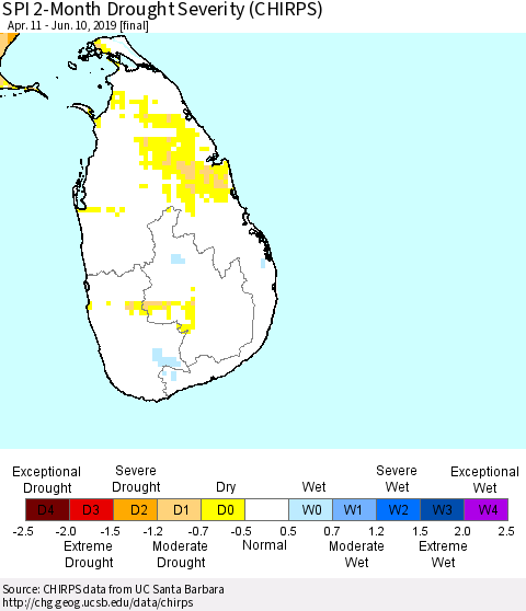 Sri Lanka SPI 2-Month Drought Severity (CHIRPS) Thematic Map For 4/11/2019 - 6/10/2019