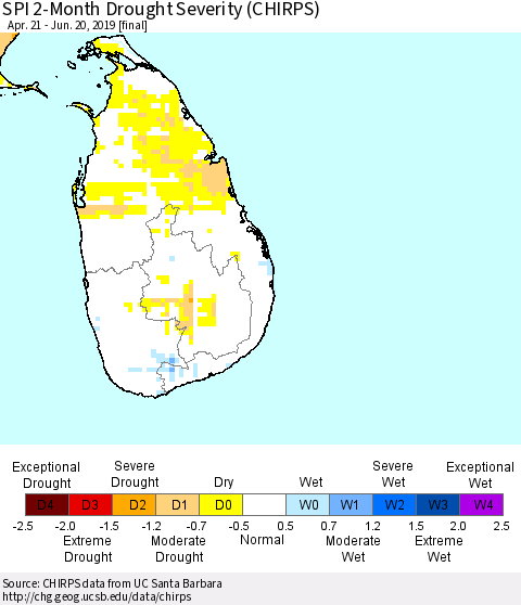 Sri Lanka SPI 2-Month Drought Severity (CHIRPS) Thematic Map For 4/21/2019 - 6/20/2019