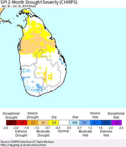 Sri Lanka SPI 2-Month Drought Severity (CHIRPS) Thematic Map For 4/26/2019 - 6/25/2019