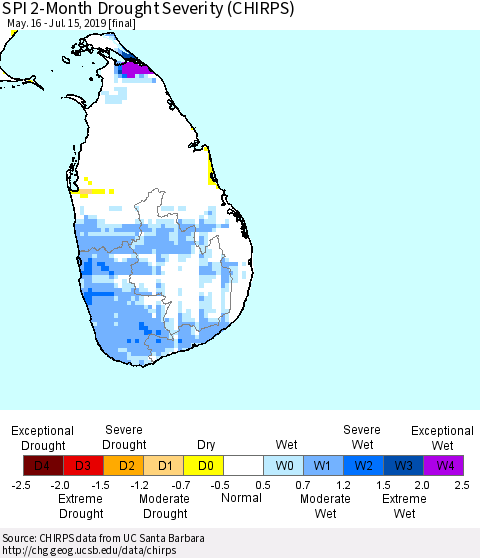 Sri Lanka SPI 2-Month Drought Severity (CHIRPS) Thematic Map For 5/16/2019 - 7/15/2019