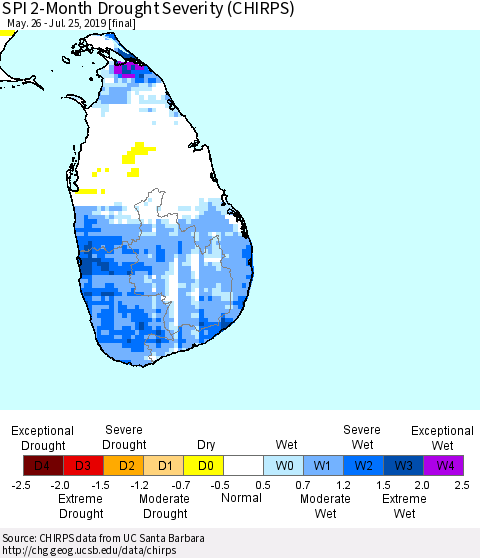 Sri Lanka SPI 2-Month Drought Severity (CHIRPS) Thematic Map For 5/26/2019 - 7/25/2019