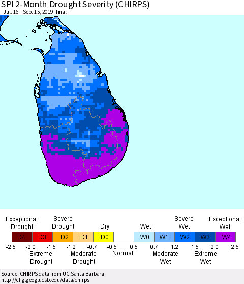 Sri Lanka SPI 2-Month Drought Severity (CHIRPS) Thematic Map For 7/16/2019 - 9/15/2019
