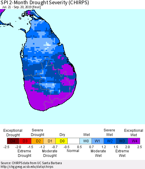 Sri Lanka SPI 2-Month Drought Severity (CHIRPS) Thematic Map For 7/21/2019 - 9/20/2019