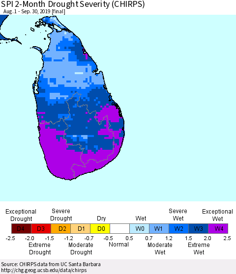 Sri Lanka SPI 2-Month Drought Severity (CHIRPS) Thematic Map For 8/1/2019 - 9/30/2019