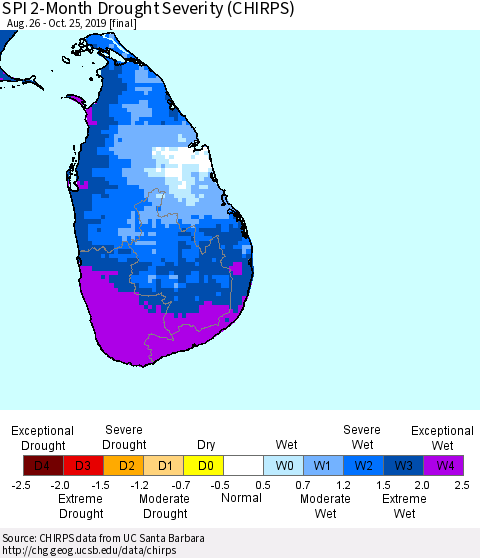 Sri Lanka SPI 2-Month Drought Severity (CHIRPS) Thematic Map For 8/26/2019 - 10/25/2019