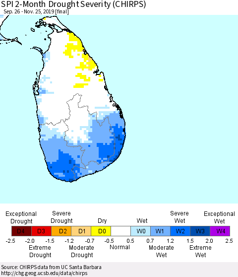 Sri Lanka SPI 2-Month Drought Severity (CHIRPS) Thematic Map For 9/26/2019 - 11/25/2019