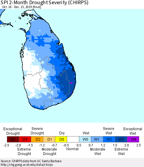 Sri Lanka SPI 2-Month Drought Severity (CHIRPS) Thematic Map For 10/16/2019 - 12/15/2019
