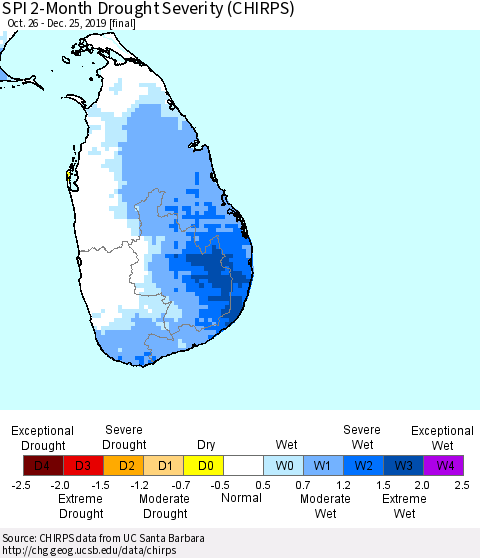 Sri Lanka SPI 2-Month Drought Severity (CHIRPS) Thematic Map For 10/26/2019 - 12/25/2019