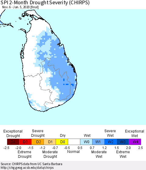 Sri Lanka SPI 2-Month Drought Severity (CHIRPS) Thematic Map For 11/6/2019 - 1/5/2020