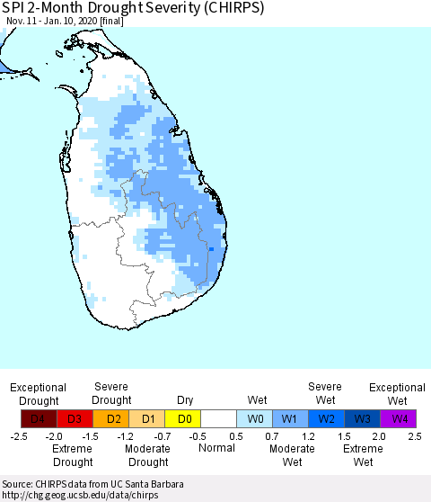 Sri Lanka SPI 2-Month Drought Severity (CHIRPS) Thematic Map For 11/11/2019 - 1/10/2020