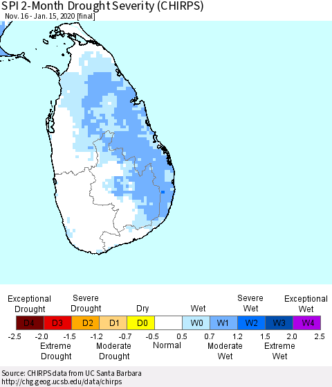 Sri Lanka SPI 2-Month Drought Severity (CHIRPS) Thematic Map For 11/16/2019 - 1/15/2020