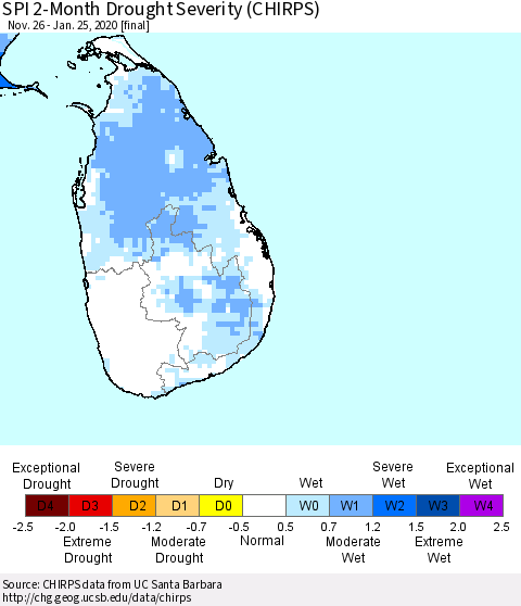 Sri Lanka SPI 2-Month Drought Severity (CHIRPS) Thematic Map For 11/26/2019 - 1/25/2020