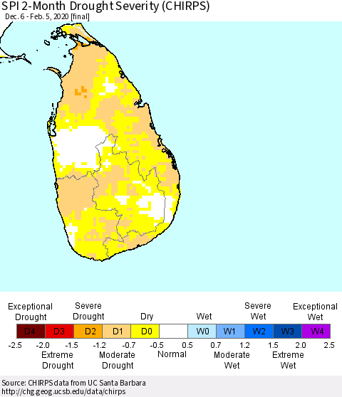 Sri Lanka SPI 2-Month Drought Severity (CHIRPS) Thematic Map For 12/6/2019 - 2/5/2020